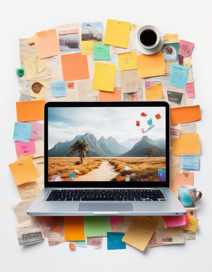 A visually striking collage representing various blog themes such as travel, technology, food, and lifestyle, featuring an open laptop surrounded by colorful notes and coffee cups, symbolizing creativity and engagement in writing. The background is a blend of warm and inviting tones to evoke inspiration and curiosity. super-realistic. vibrant colors. white background.