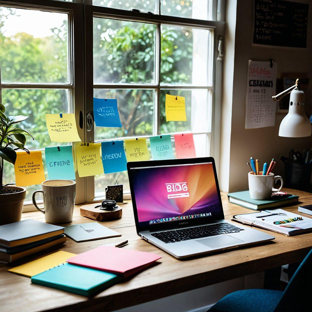 A creative workspace with an open laptop displaying a vibrant blog interface, surrounded by colorful notebooks, coffee mugs, and motivational quotes on sticky notes. A window letting in natural light, illuminating a stylish desk filled with blogging essentials. Capture the essence of productivity and inspiration in a modern setting. super-realistic. vibrant colors. cozy atmosphere.