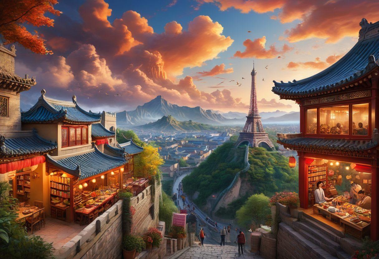 A sprawling landscape filled with diverse elements representing various blog genres: a cozy book nook for literary blogs, a vibrant food market for culinary blogs, a tech gadget workshop for tech blogs, and a picturesque travel scene with iconic landmarks. Each section seamlessly blends into one another, illustrating the interconnectedness of these genres, under a bright and inspiring sky. vibrant colors. super-realistic.